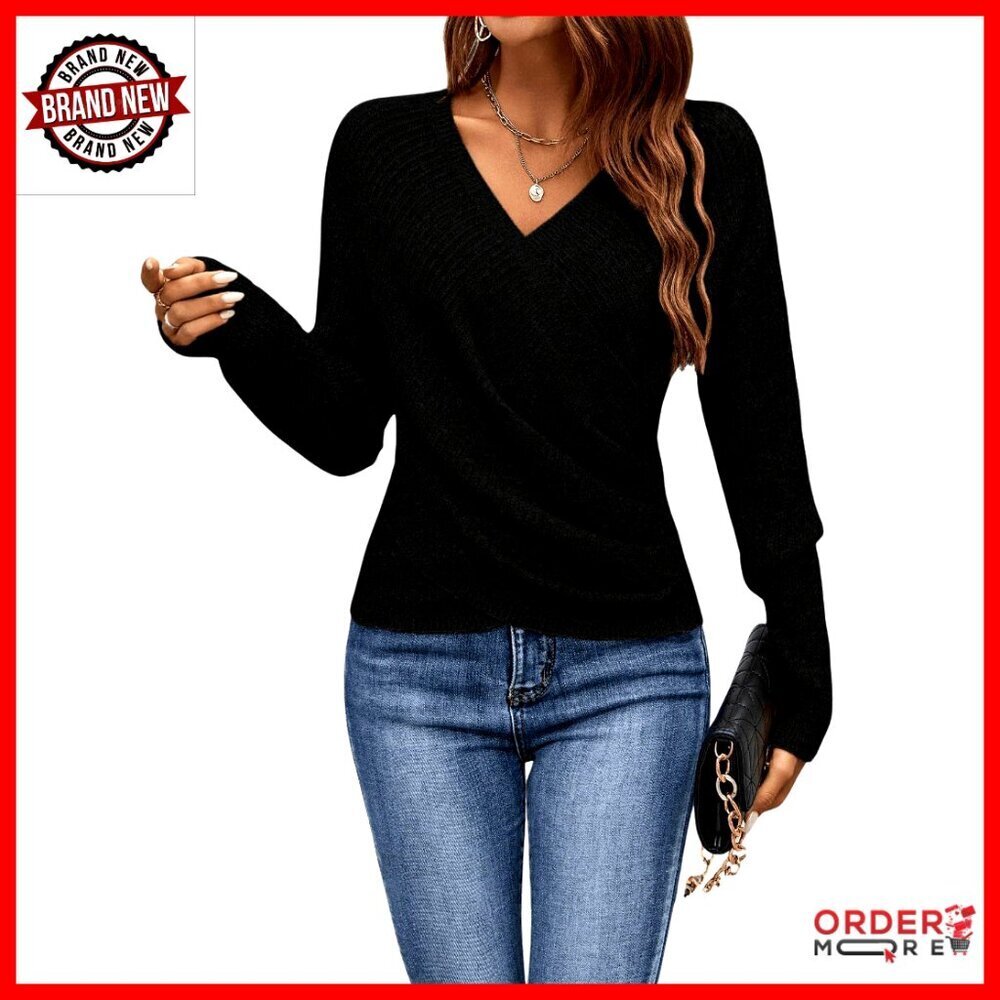 V-Neck Long Sleeve Off Shoulder Wrap Pullover Sweater, Ruched Criss Cross Design